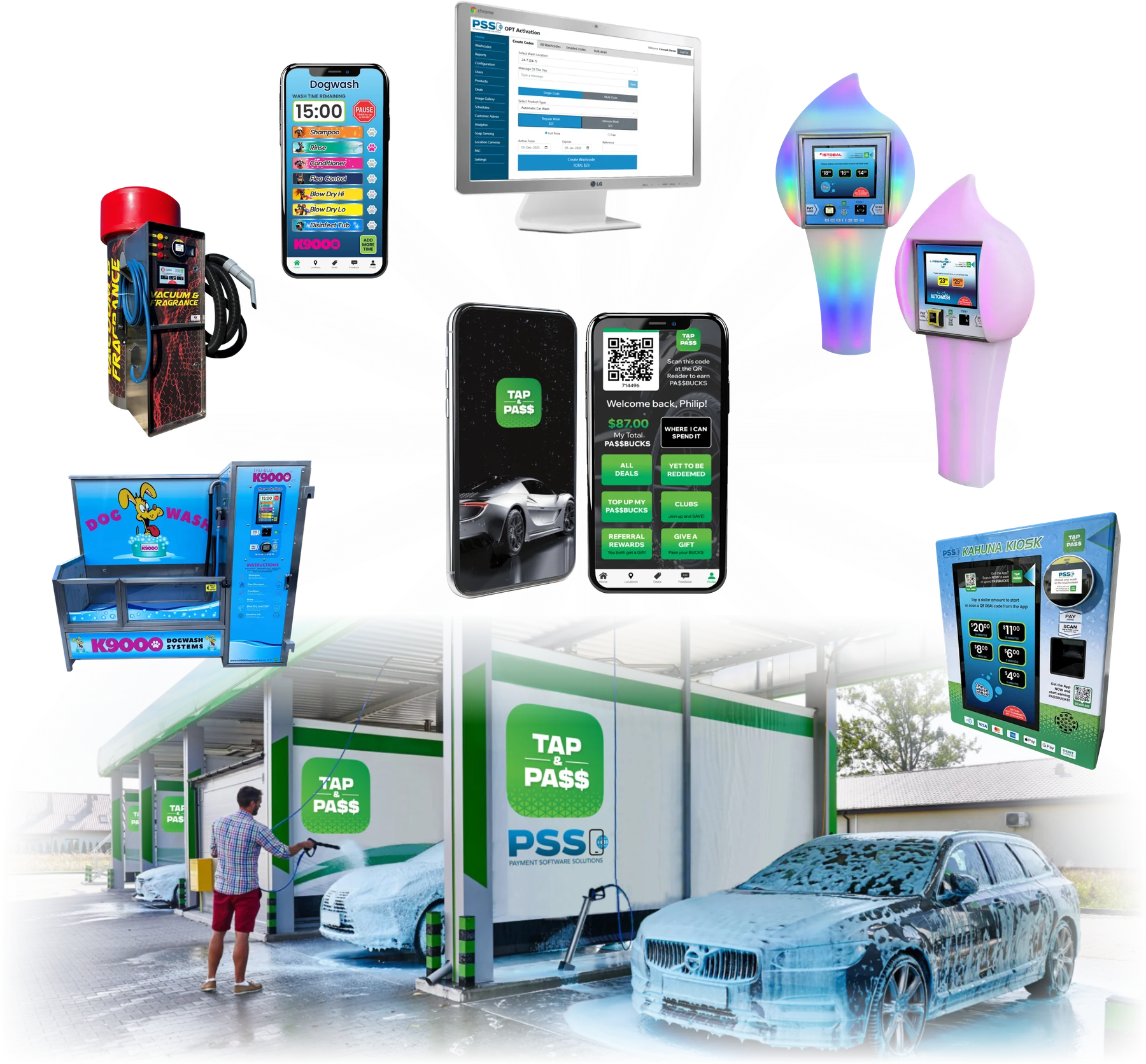 The PSS ecosystem — LED plinths, kiosks, dog wash, vacuum, touchscreens and the Tap n Pa$$ app, all connected to one platform