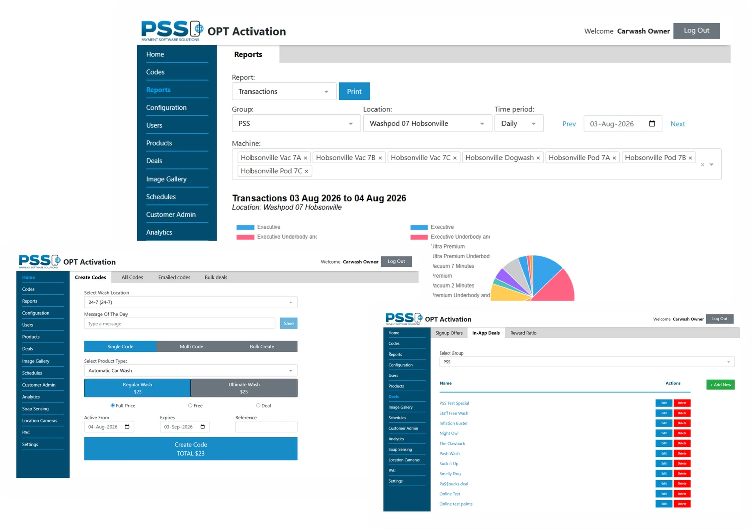 A snapshot of the PSS Portal showing transaction reports, code creation and in-app deals