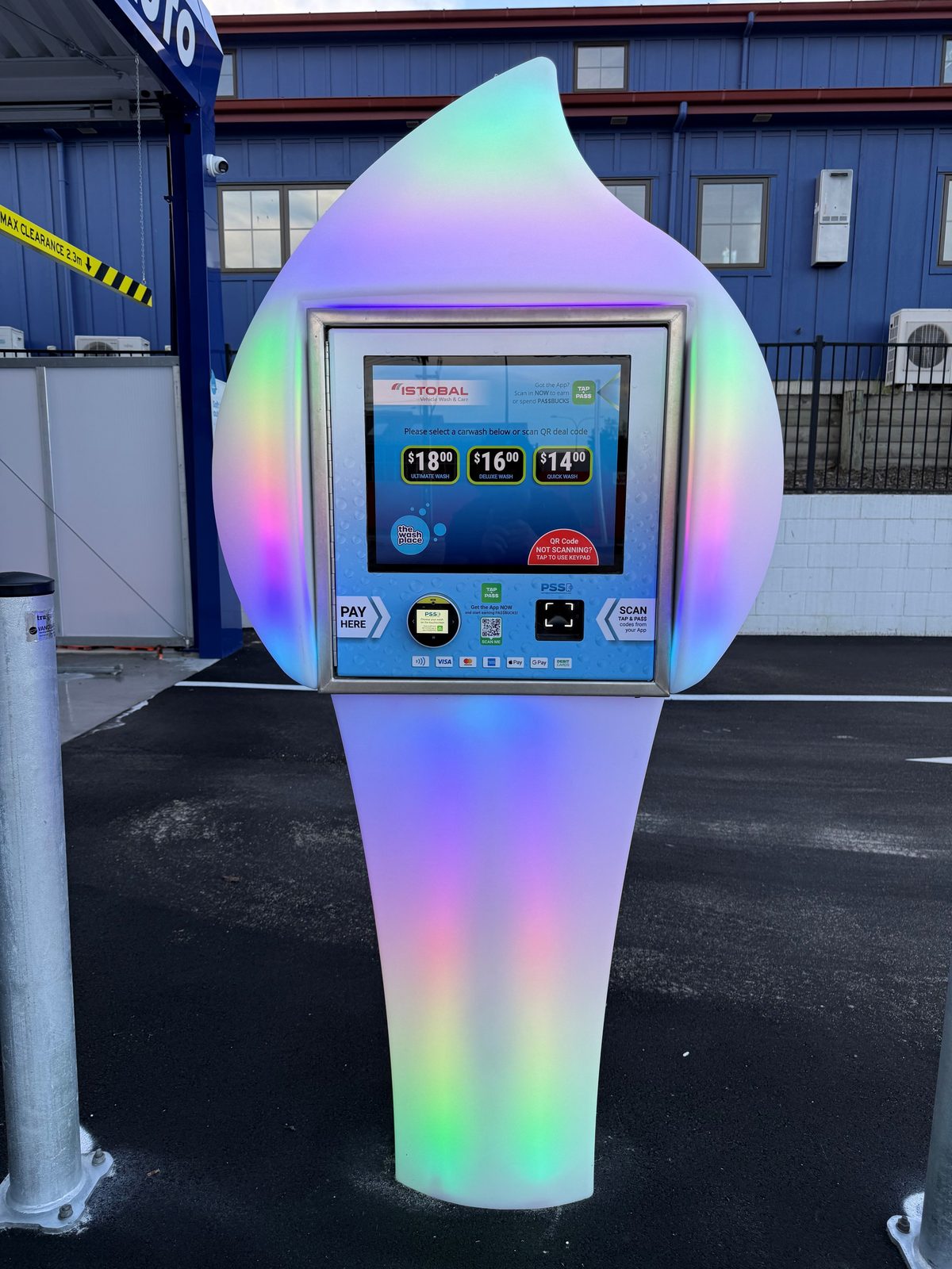 Paydrop plinth showing the wash menu on its 19-inch screen