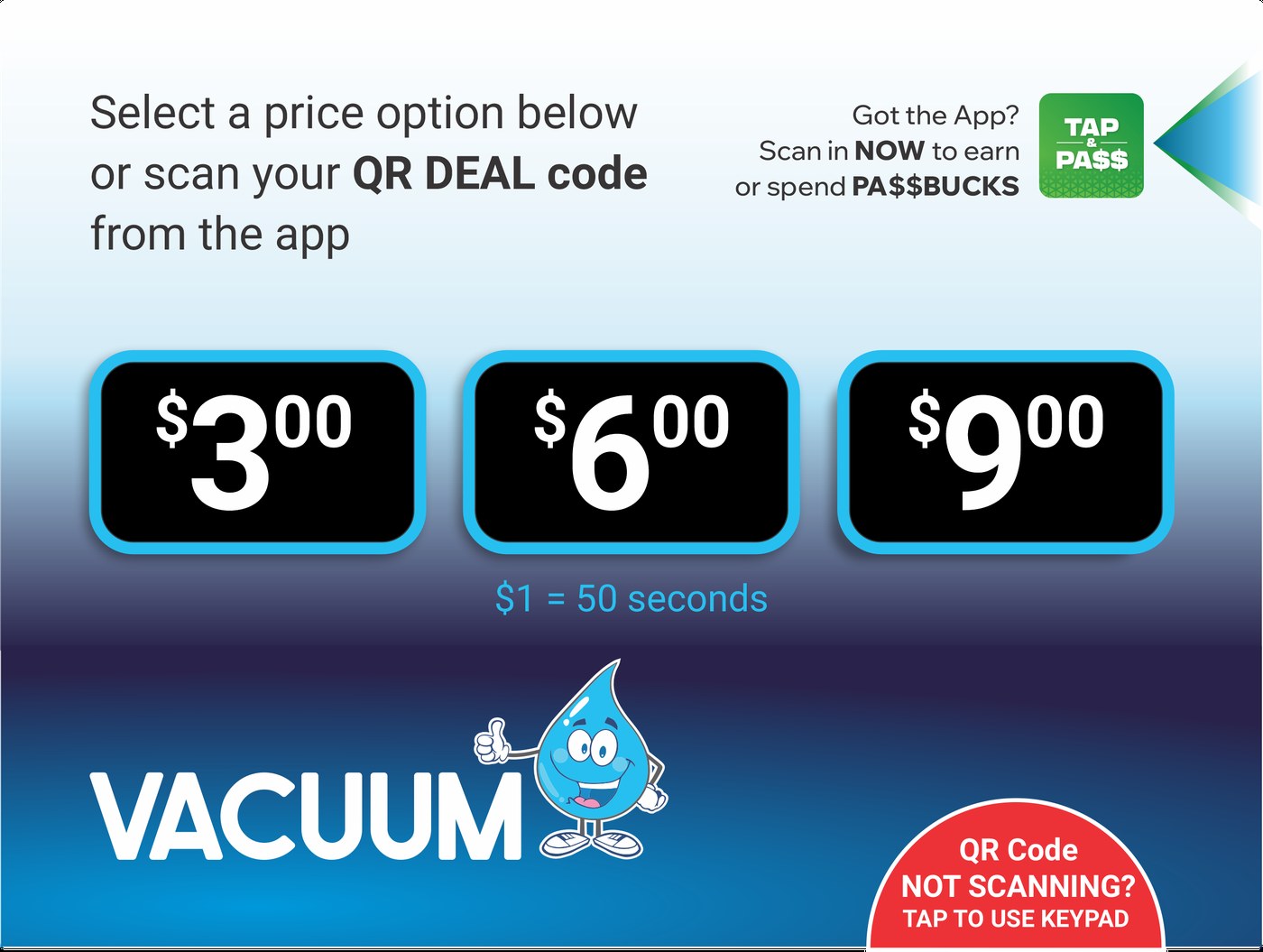 Vacuum pricing screen with QR deal code option