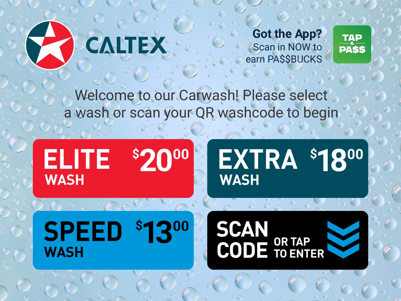 Caltex-branded wash selection screen