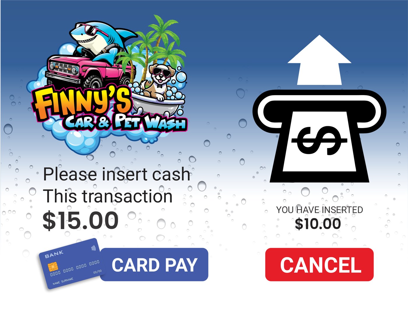 Finny's Car & Pet Wash cash payment screen