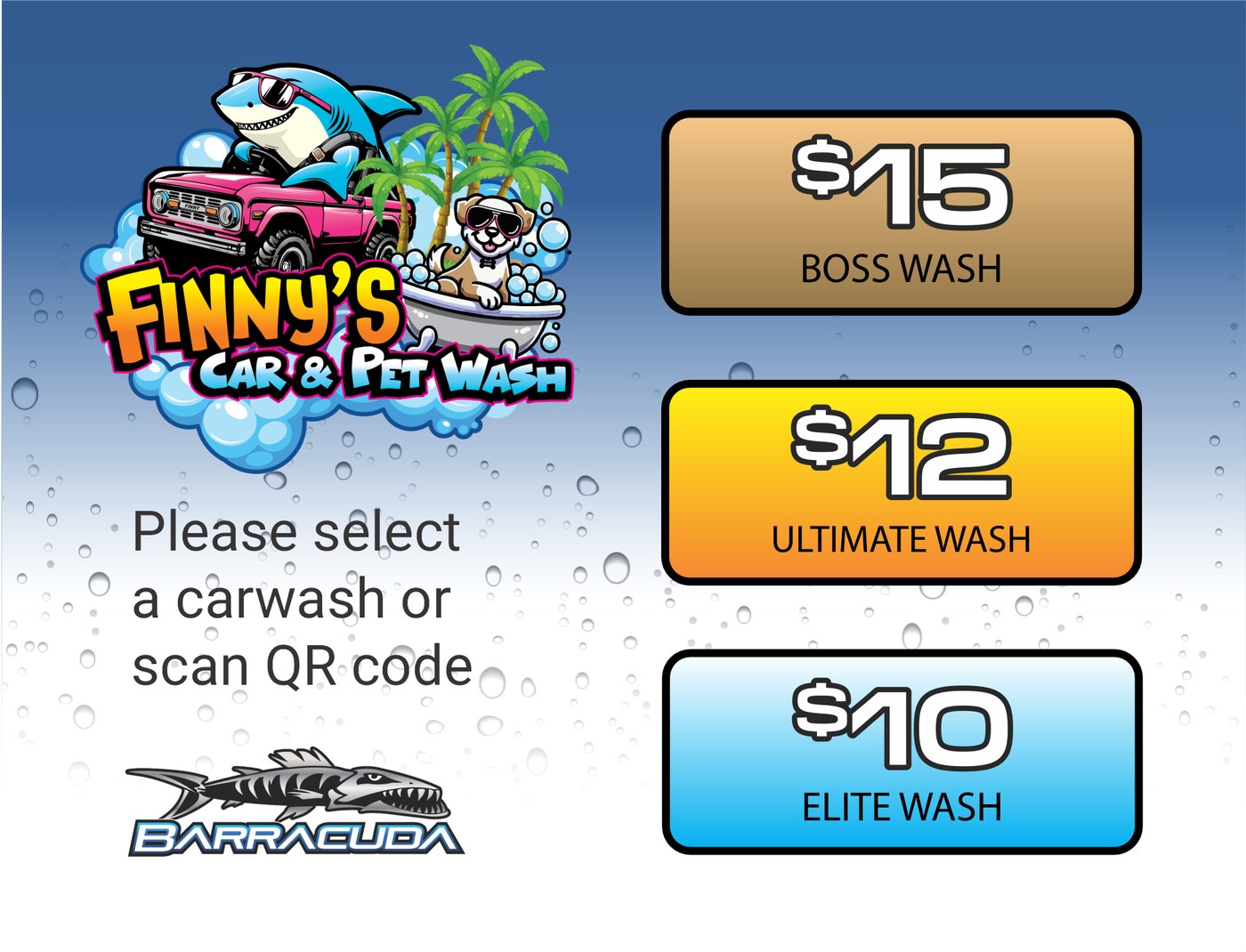Finny's Car & Pet Wash branded wash menu