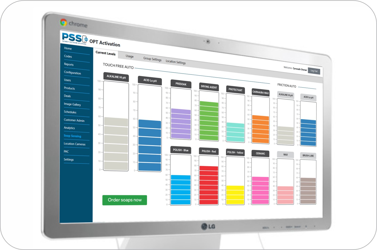 PSS chemical sensing dashboard tracking soap levels across a site