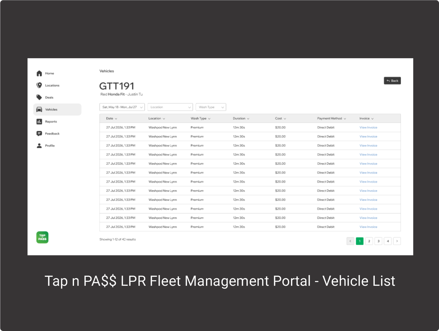Tap n Pa$$ LPR fleet management portal — vehicle list