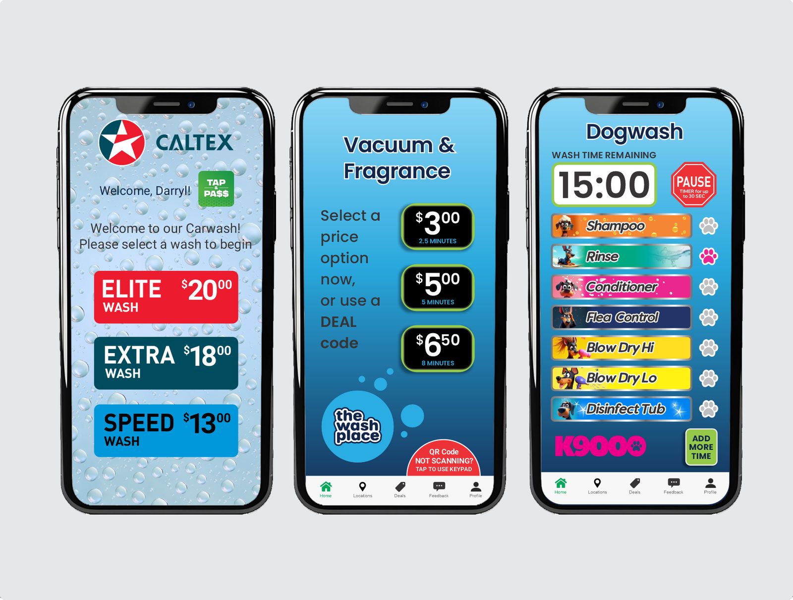 Phone control screens for carwash, vacuum and dogwash