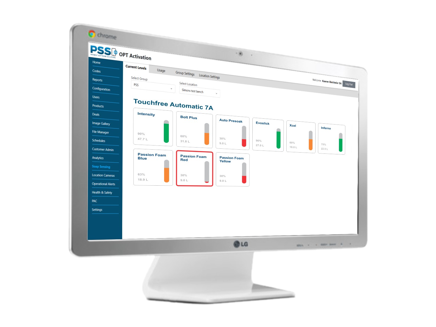 PSS Portal Soap Sensing screen showing current chemical levels for a touchfree automatic