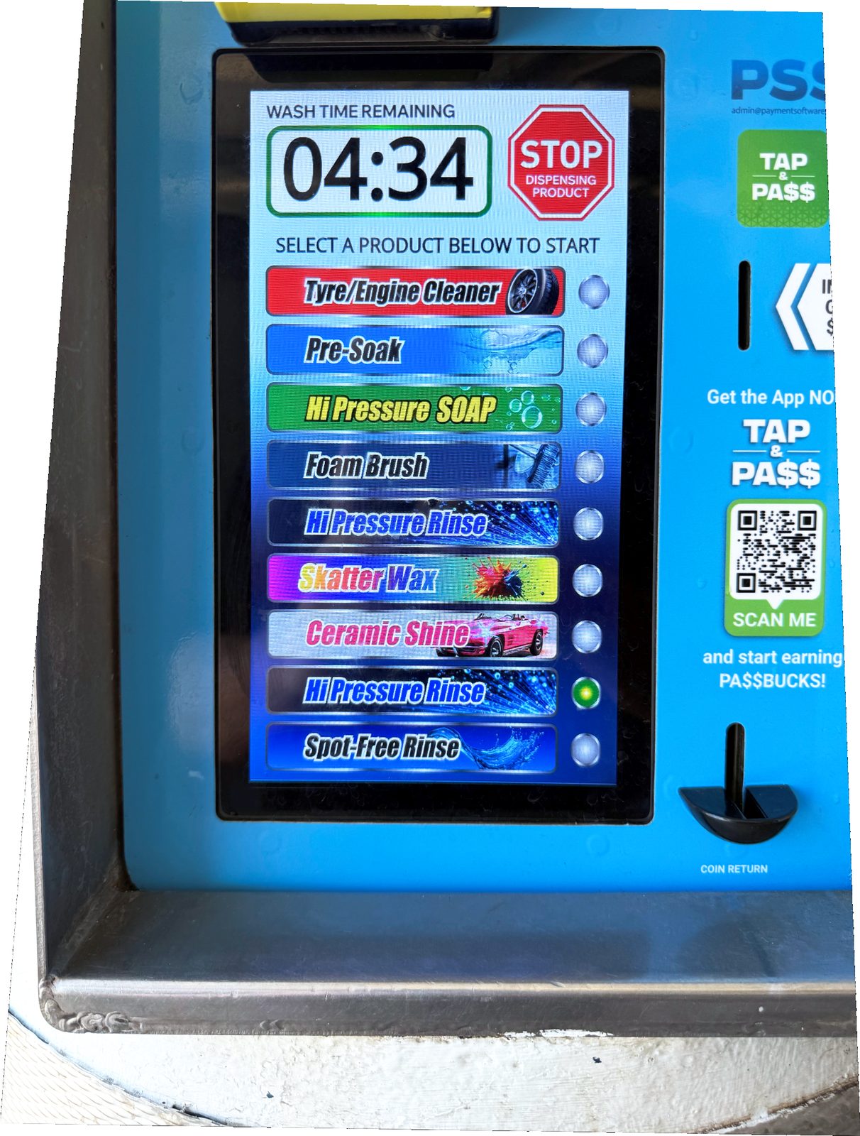 The retrofit touchscreen showing wash products mid-wash