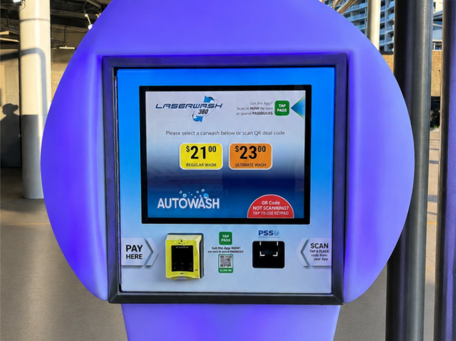 The weatherproof touchscreen running the wash menu