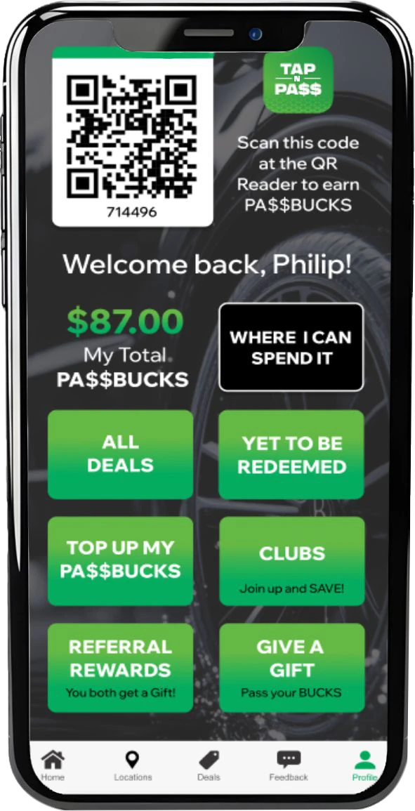 The TAP n PA$$ app home screen with QR code, PA$$BUCKS balance and deals